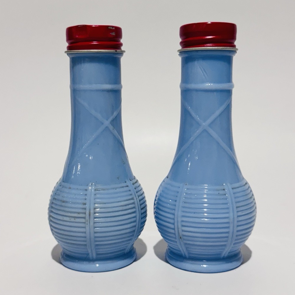 Vintage Jeanette Milk Glass Blue Delphite Basket Weave 6"Salt & Pepper‎ Shakers